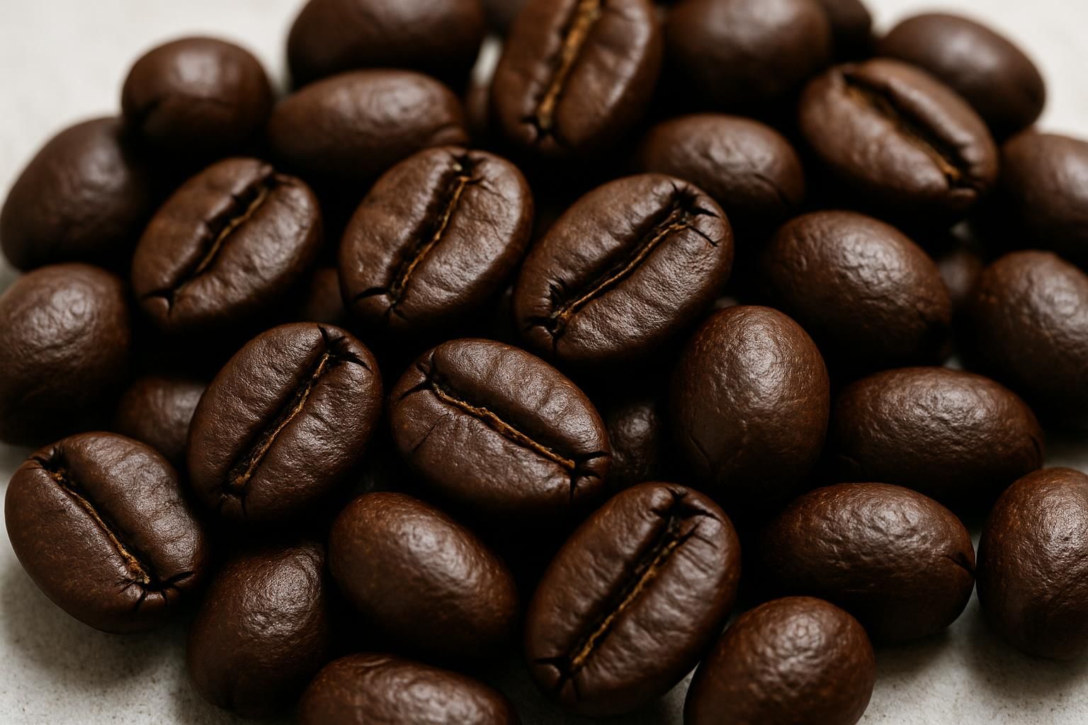 焙煎したコーヒー豆のアップ、深い色合いのロブスタ種の豆、コクと苦味をイメージした写真、自然光