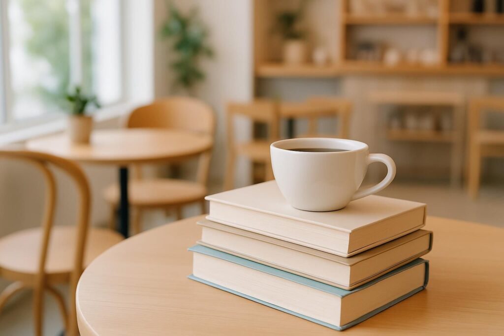 積み重ねた本とコーヒーカップを置いたブックカフェ風のテーブルの静物