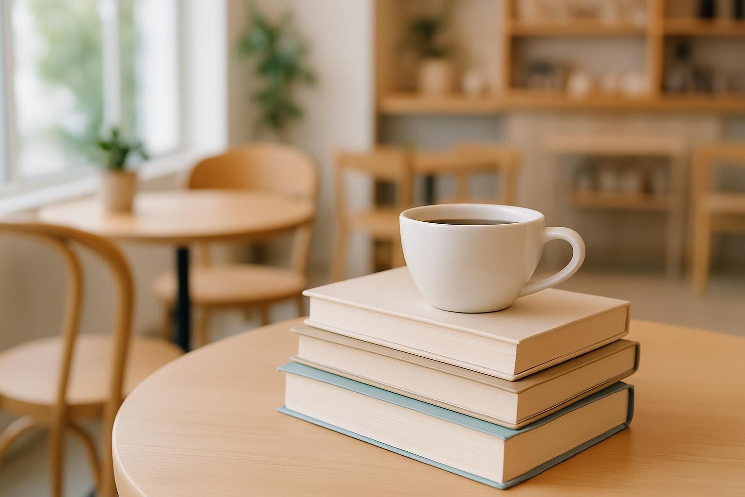 積み重ねた本とコーヒーカップを置いたブックカフェ風のテーブルの静物