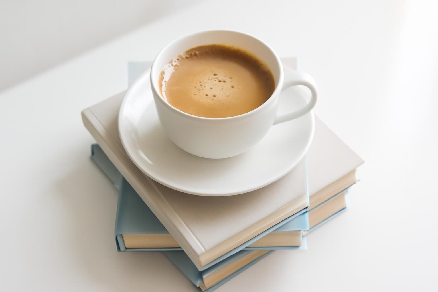 閉じた本を数冊重ねた上にコーヒーカップを置いた俯瞰の静物