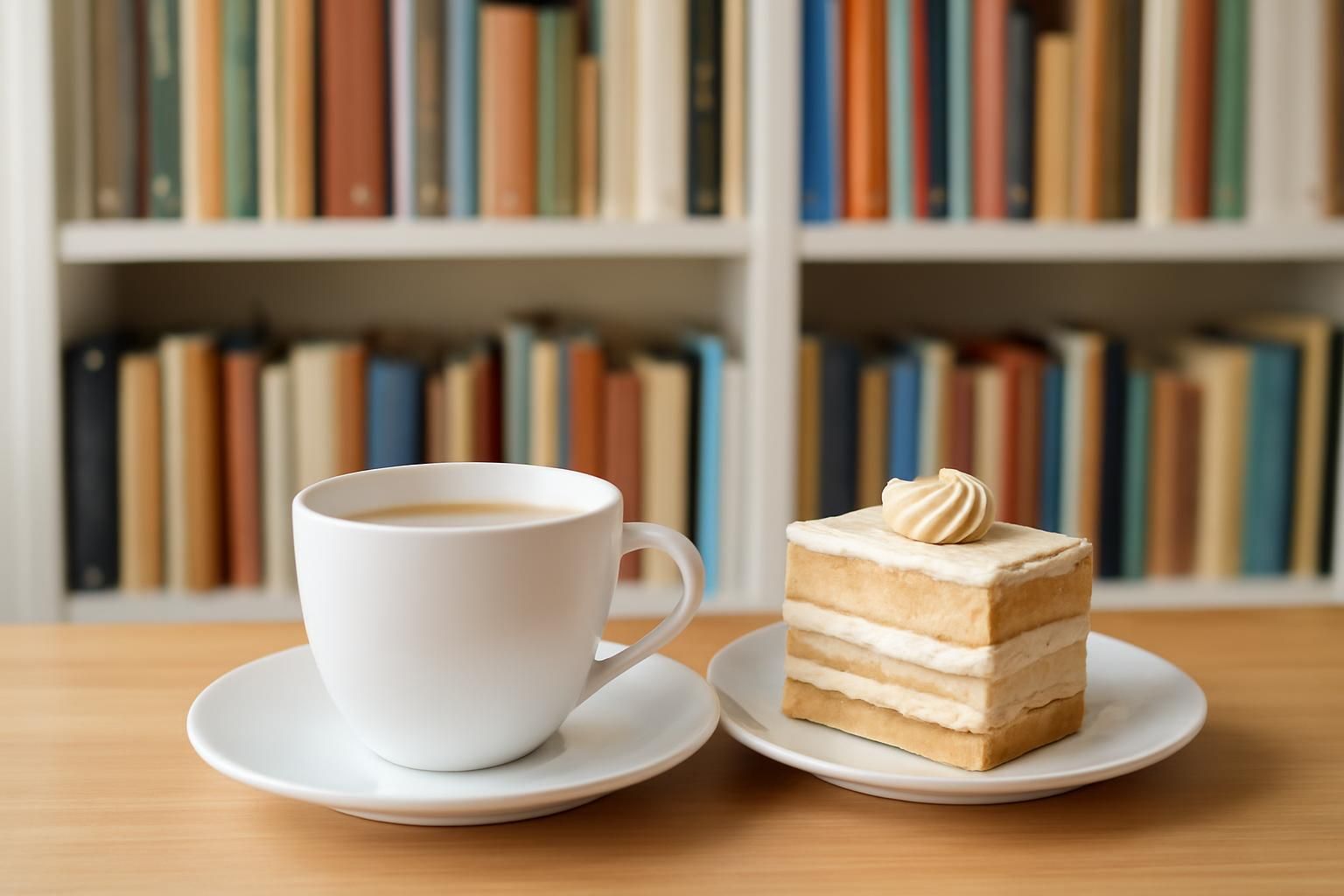 本棚を背景にしたコーヒーカップとケーキの静物