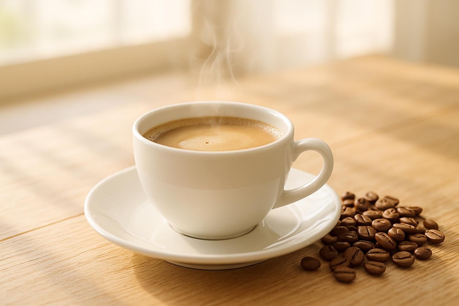 カップに注がれたコーヒー、湯気の立つまろやかな一杯、そばに焙煎豆、木のテーブル、明るい自然光
