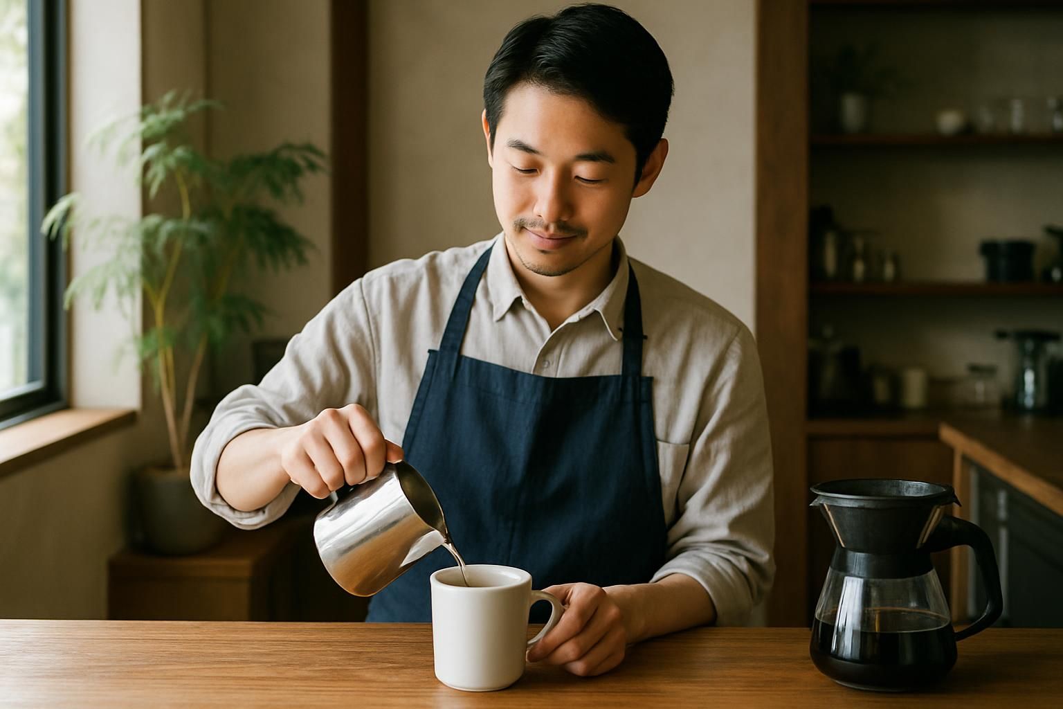 木目のカウンターでコーヒーを準備するカフェオーナー