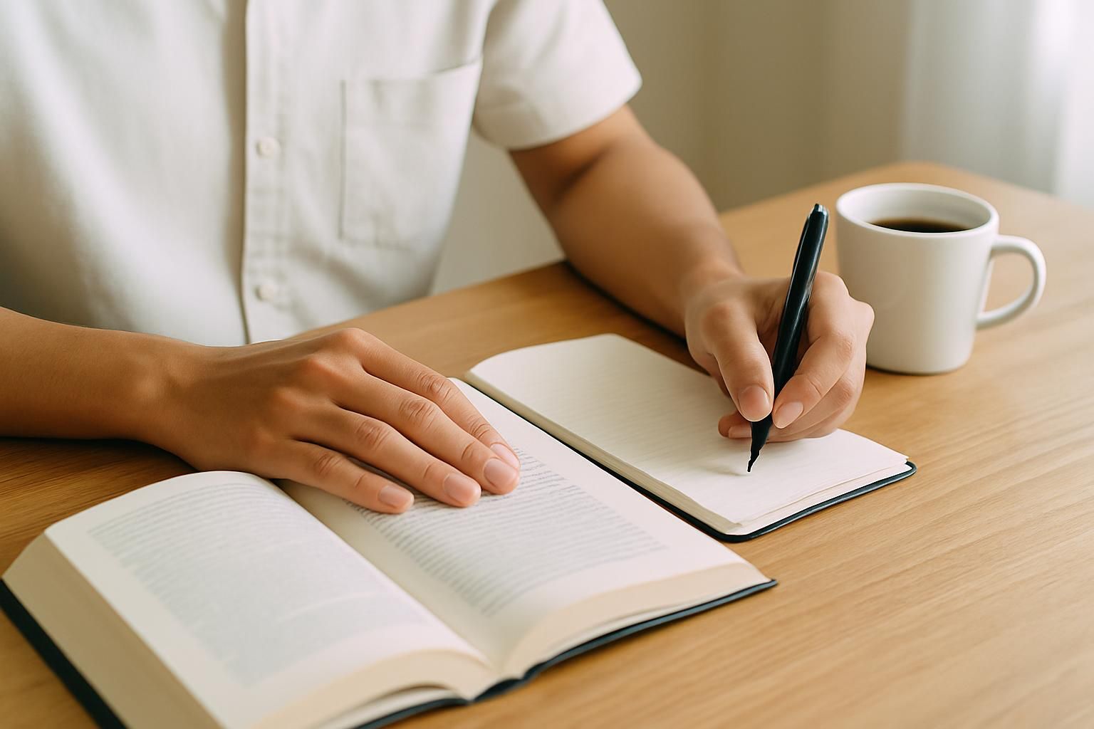 本とノートを広げてカフェ開業について独学で勉強する手元とコーヒー