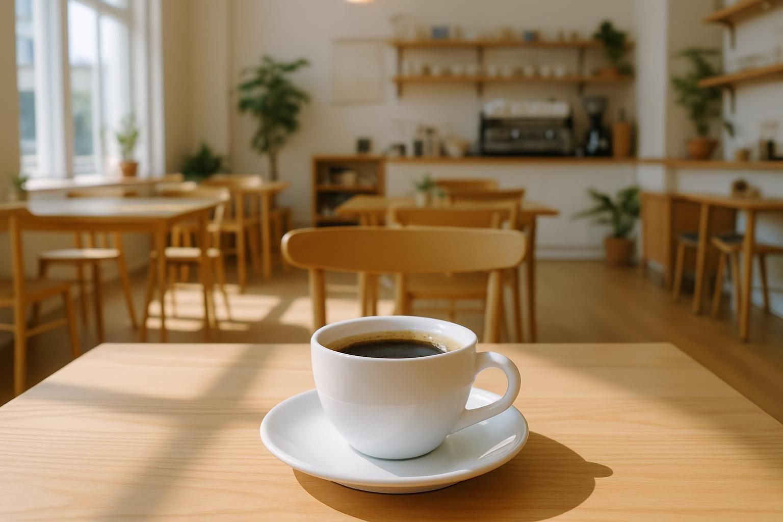 木のテーブルに置かれた一杯のコーヒーと明るいカフェの店内