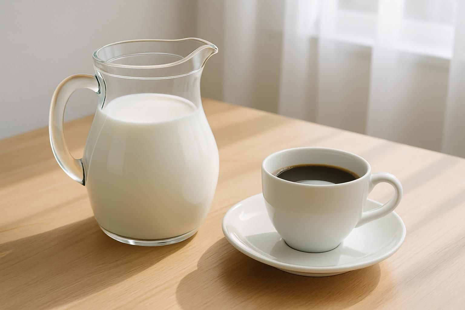 ガラスのピッチャーに注がれた白い牛乳とコーヒーカップ、木のテーブル、明るく清潔感のある自然光、人物や手は写さない、文字やロゴは一切なし