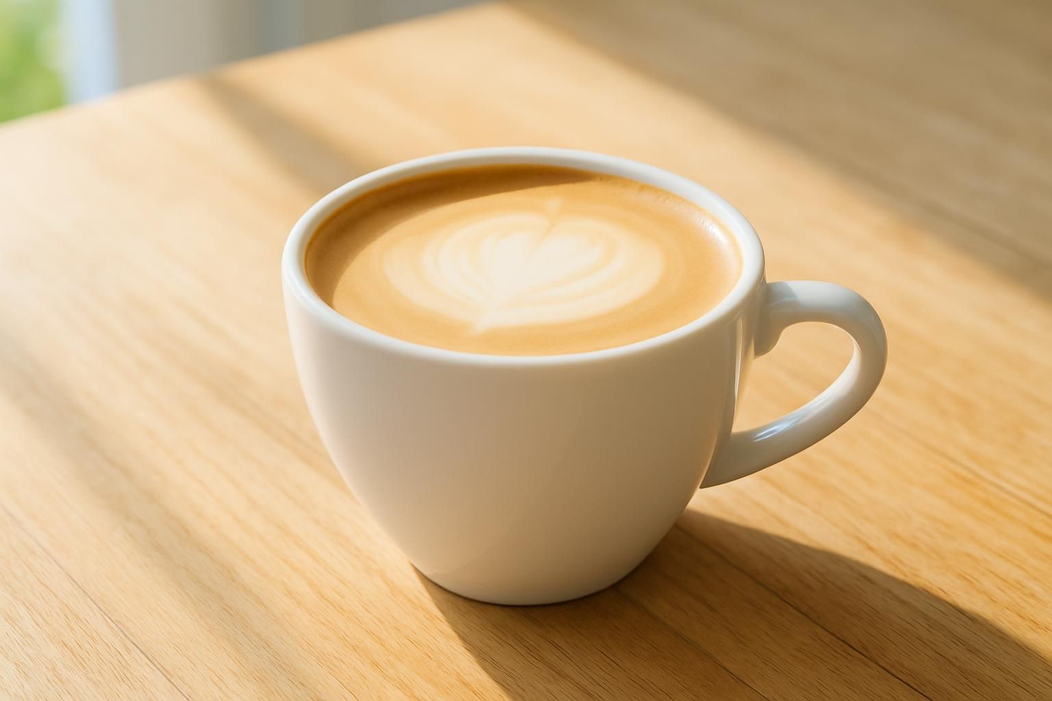 白いカップに注がれたカフェラテ、表面になめらかなミルクの層、木のテーブル、明るく爽やかな自然光、人物や手は写さない、文字やロゴは一切なし