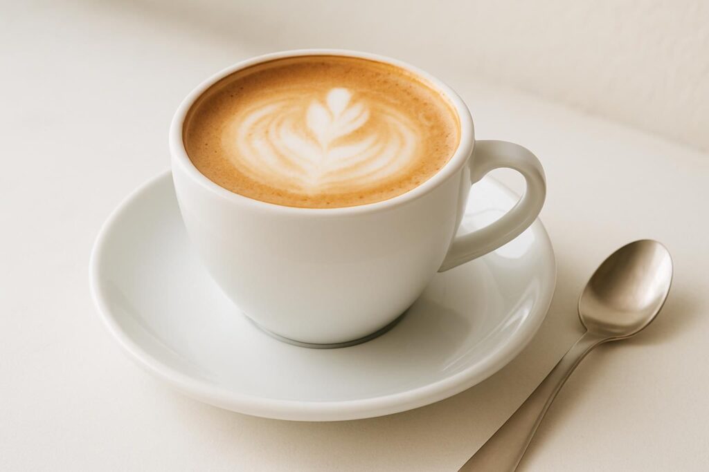 カプチーノのカップと泡、そばに置かれたスプーンの静物