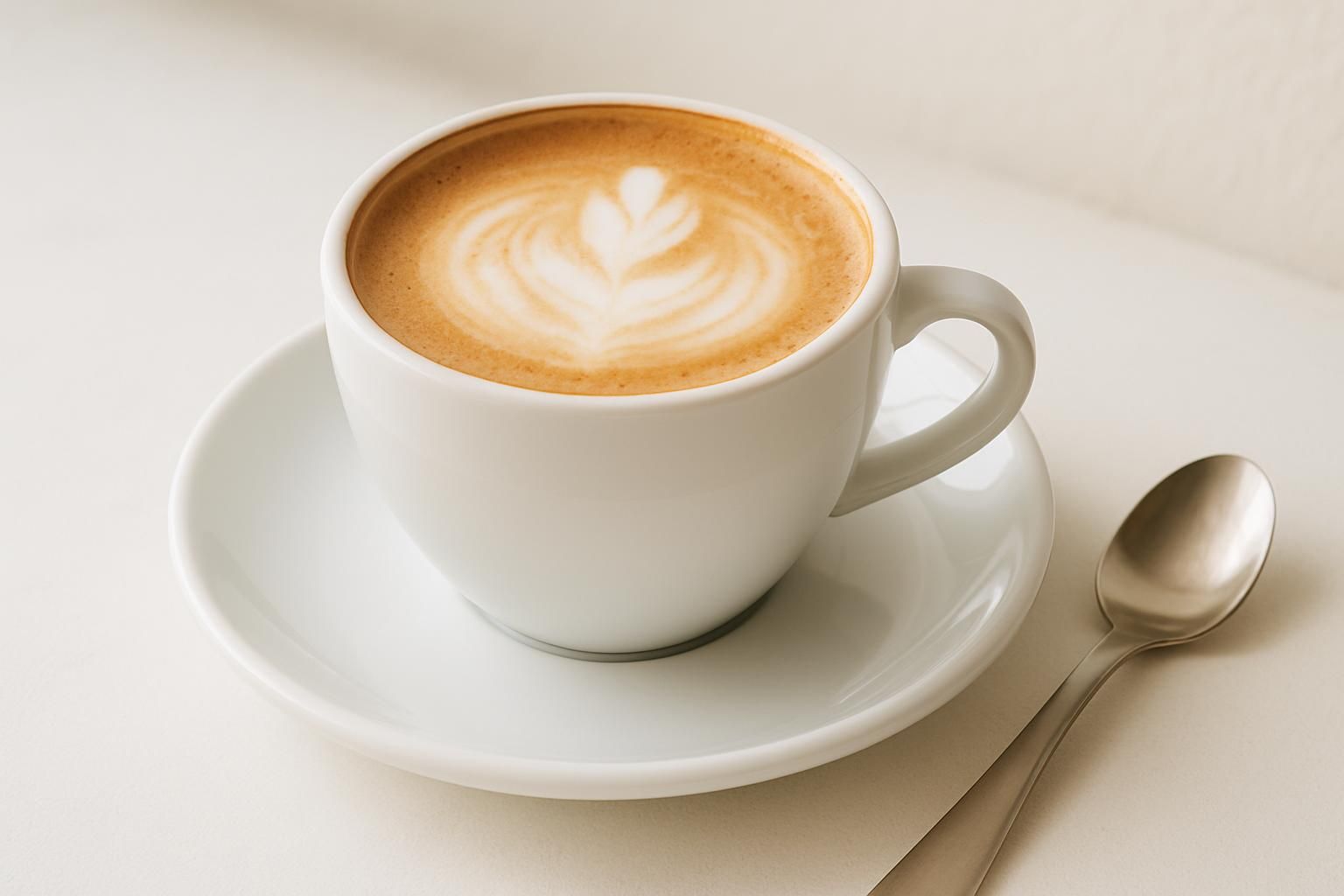 カプチーノのカップと泡、そばに置かれたスプーンの静物