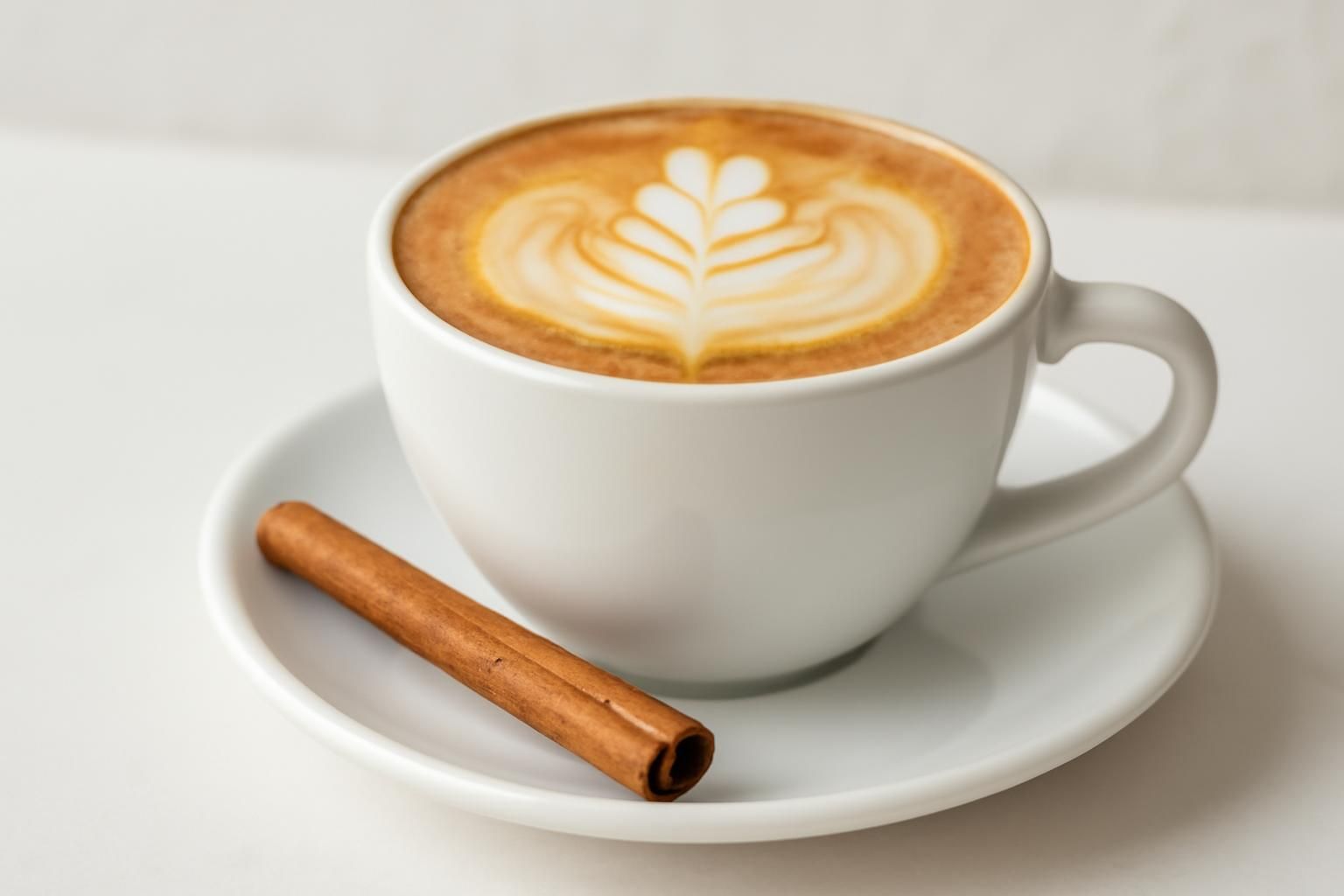 カプチーノのカップに添えられたシナモンスティックの静物
