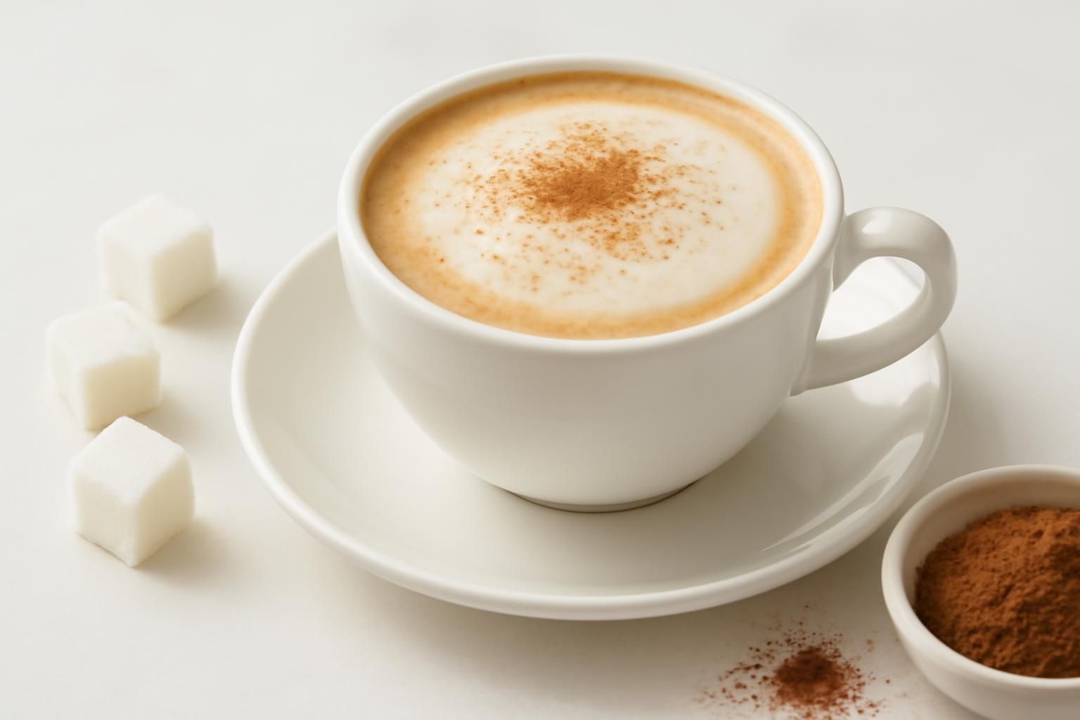 カプチーノのカップと角砂糖・ココアパウダーを並べた静物