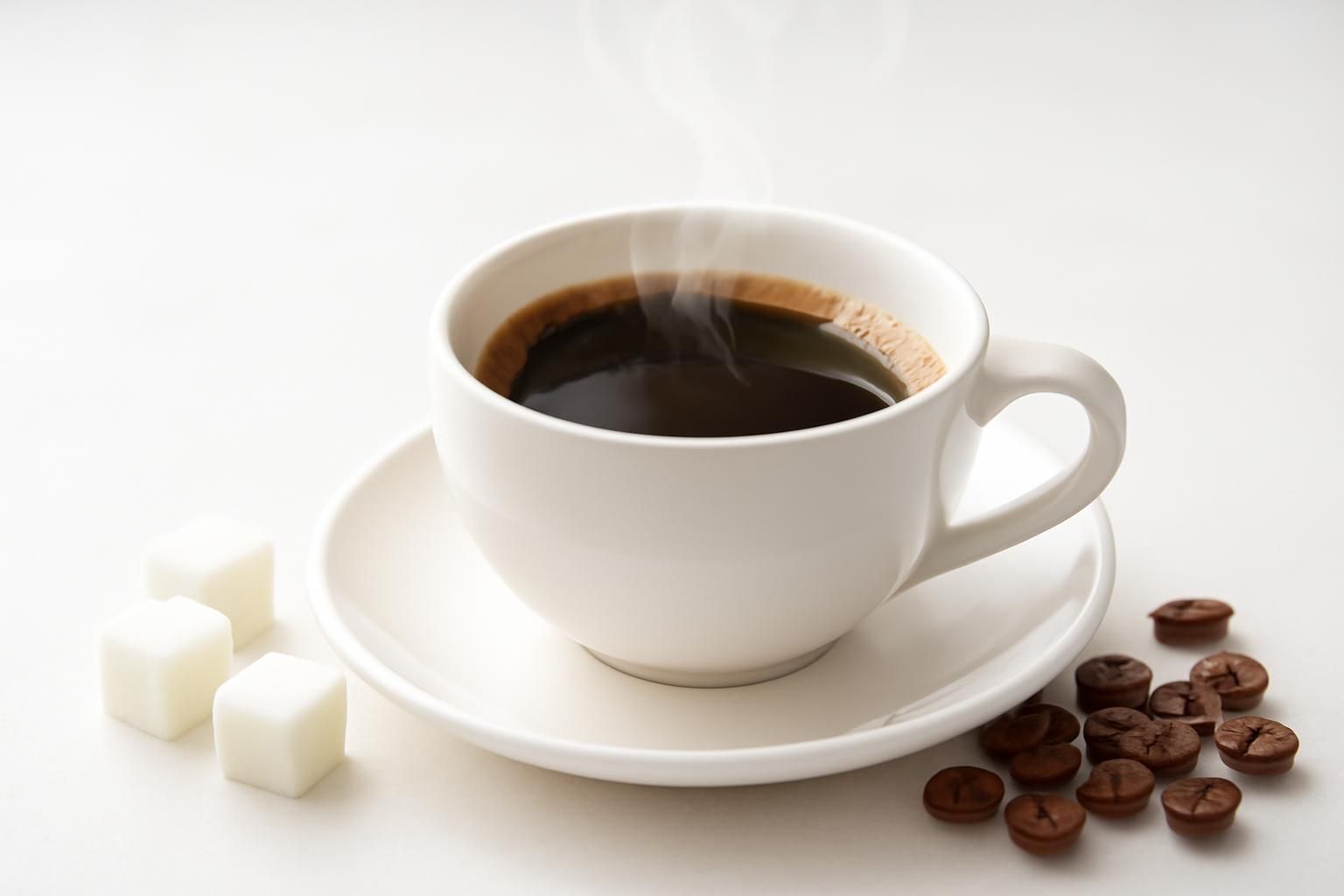 湯気の立つコーヒーカップと、その脇に置かれた角砂糖・コーヒー豆のクローズアップ。器具や飲み物だけの静物