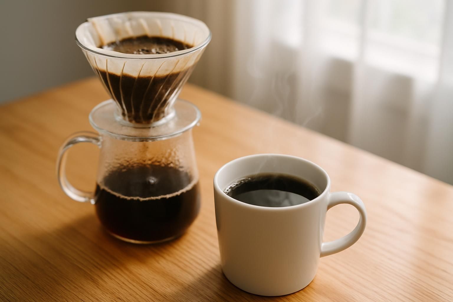 カップに注がれたコーヒーとドリッパー、湯気の立つ一杯、木のテーブル、明るい自然光