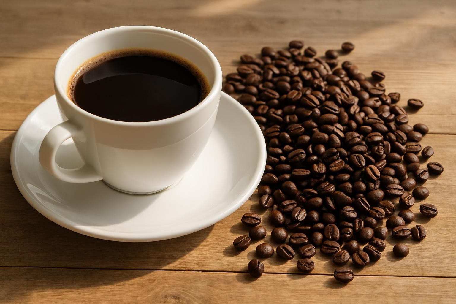コーヒーカップと焙煎したコーヒー豆、落ち着いた色合いの深煎り豆、木のテーブル、自然光
