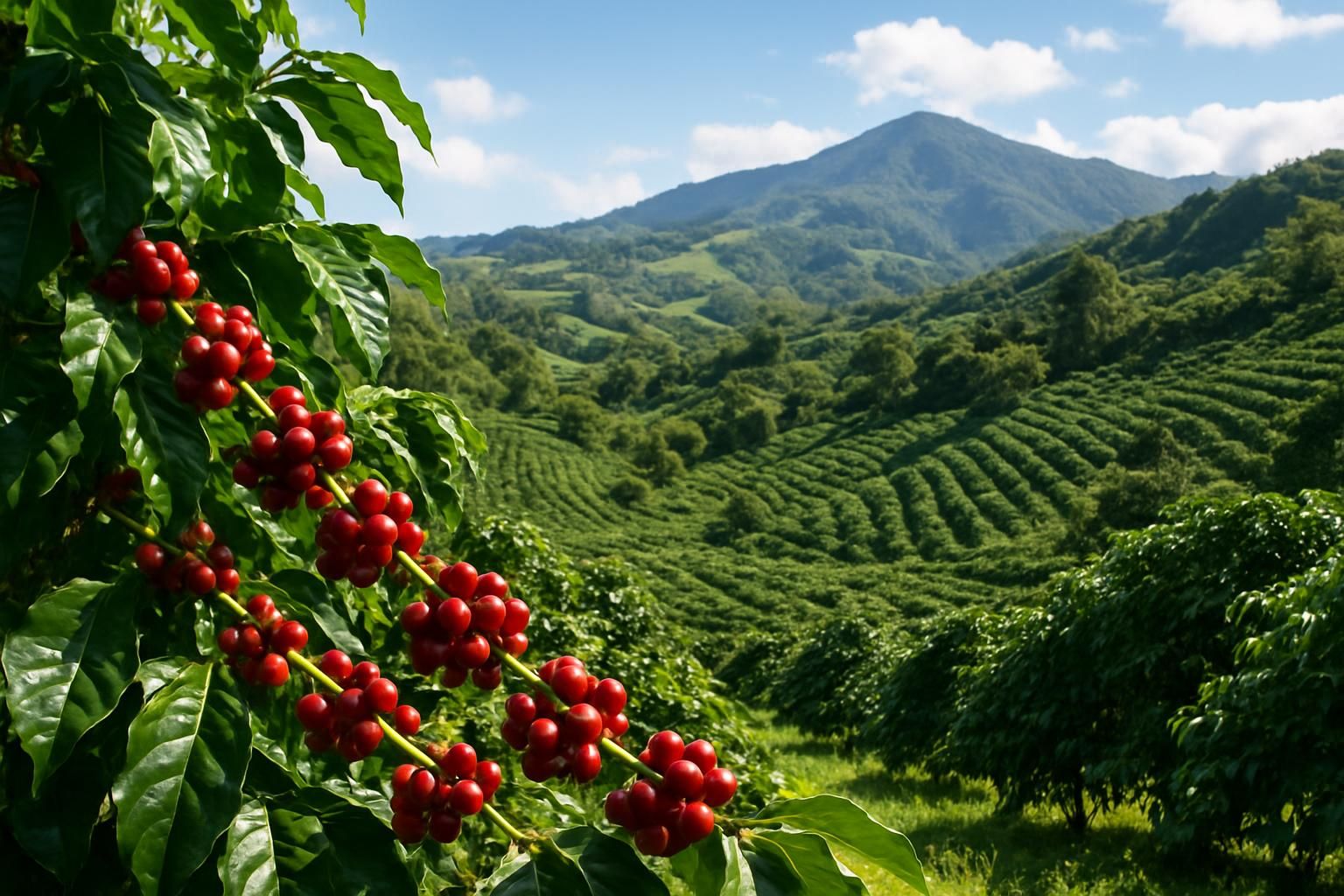 山の斜面に広がる緑豊かなコーヒー農園、赤く実ったコーヒーチェリー、産地の風景