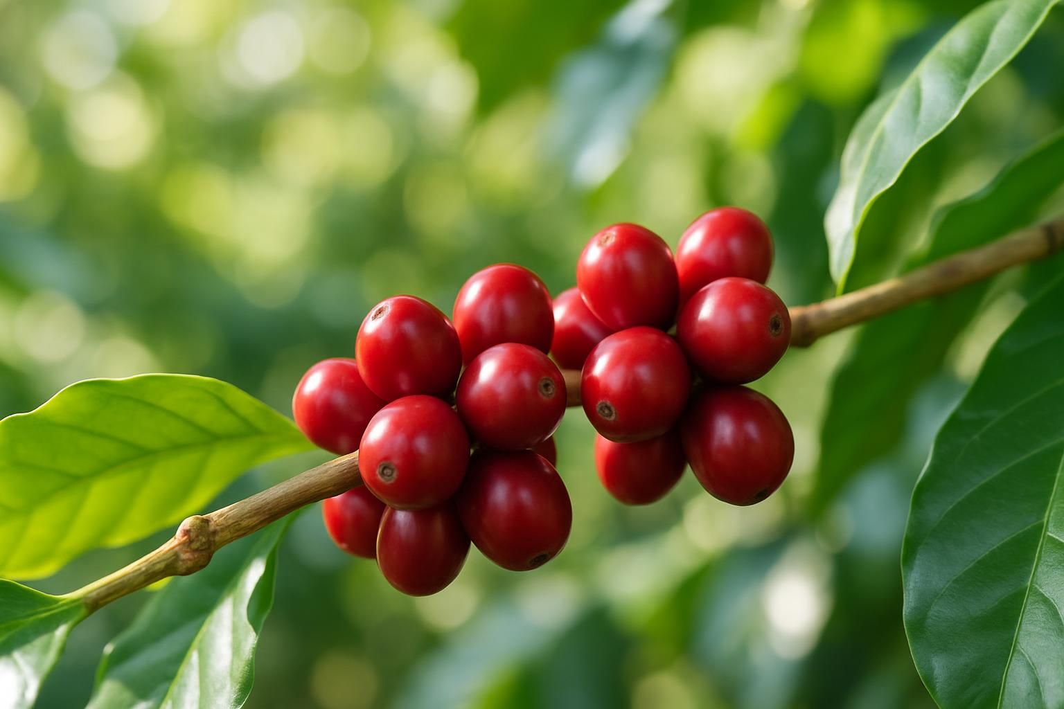 枝に実った赤く熟したコーヒーチェリーのアップ、緑の葉、自然光