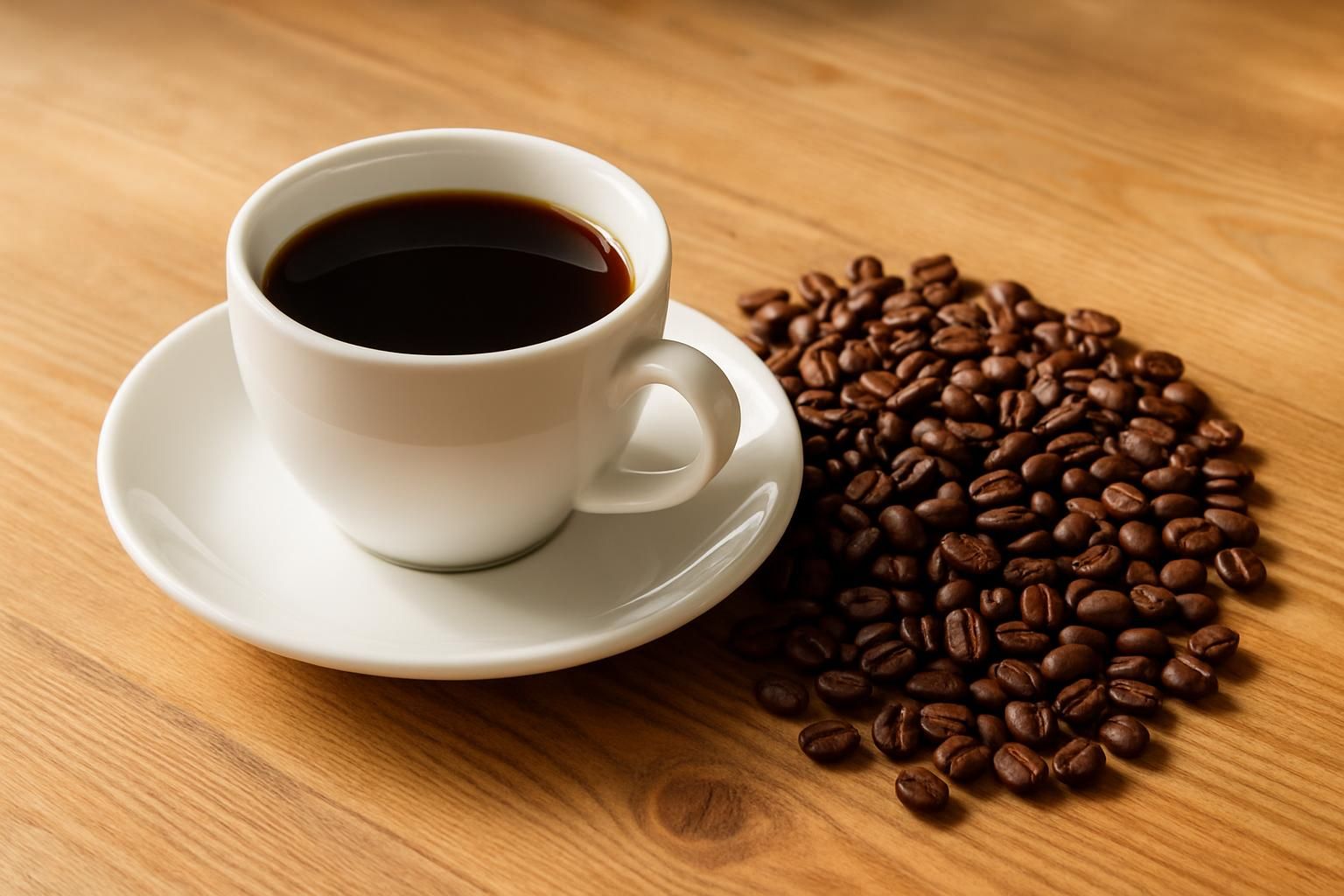 白いカップに注がれた濃いブラックコーヒー、深煎りのコーヒー豆、木のテーブル、明るく落ち着いた自然光、人物や手は写さない、文字やロゴは一切なし