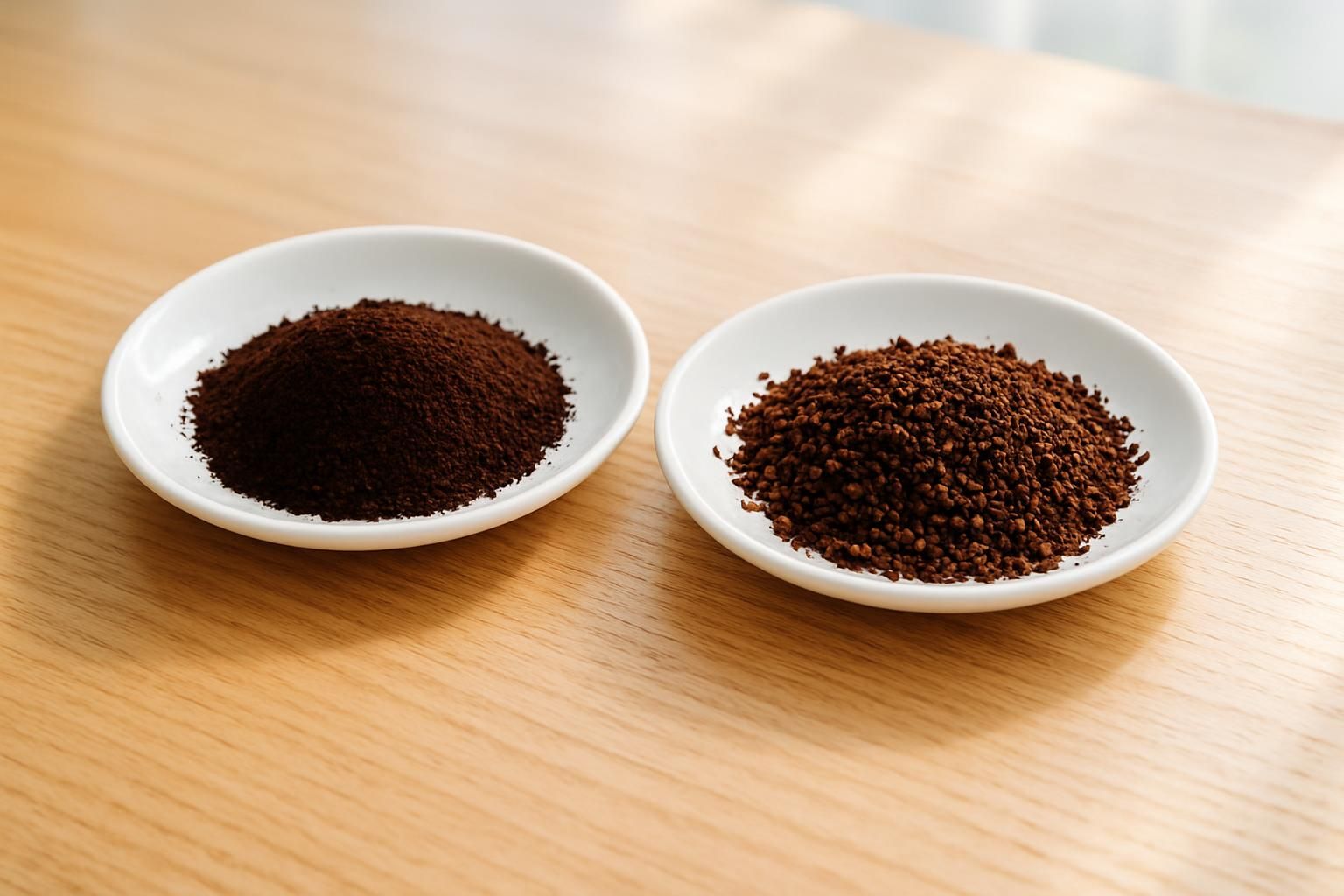 挽き目の異なる2種類のコーヒー粉を白い小皿に並べて比較した様子、木のテーブル、明るく爽やかな自然光、人物や手は写さない、文字やロゴは一切なし