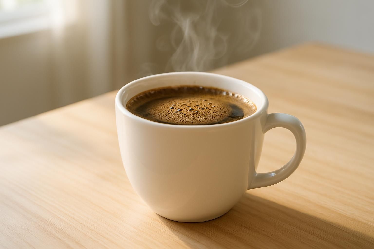 カップに注がれたコーヒーの表面に浮かぶ粉の層と立ちのぼる湯気、木のテーブル、明るく静かな自然光、人物や手は写さない、文字やロゴは一切なし