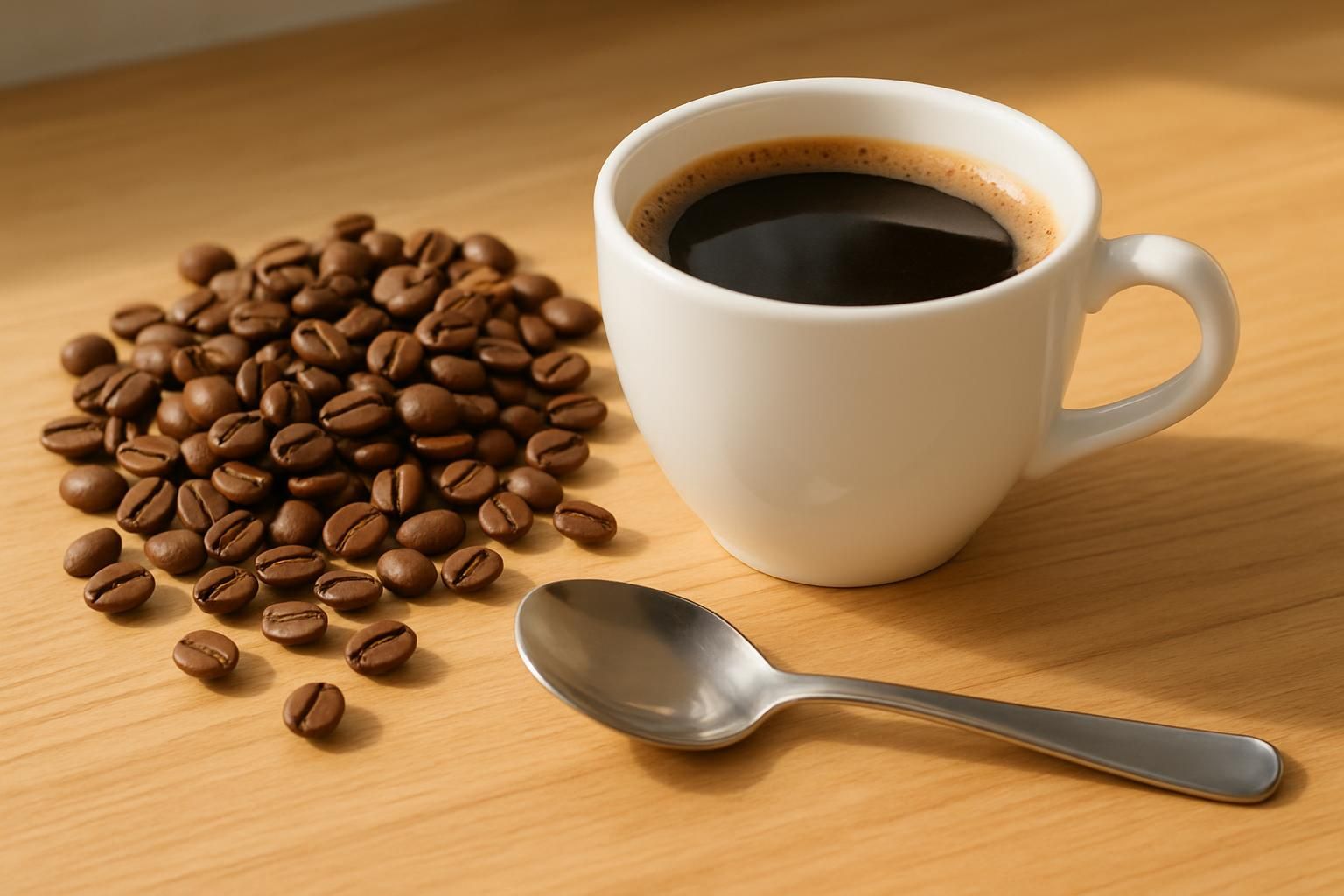 白いカップに注がれたコーヒーとカッピングスプーン、焙煎した豆、木のカウンター、明るく落ち着いた自然光、人物や手は写さない、文字やロゴは一切なし