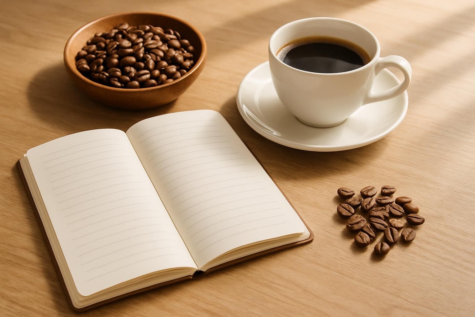 コーヒーの資格取得をイメージした机上、開いたノートとコーヒーカップと焙煎豆、木のテーブル、明るく落ち着いた自然光、人物や手は写さない、文字やロゴは一切なし