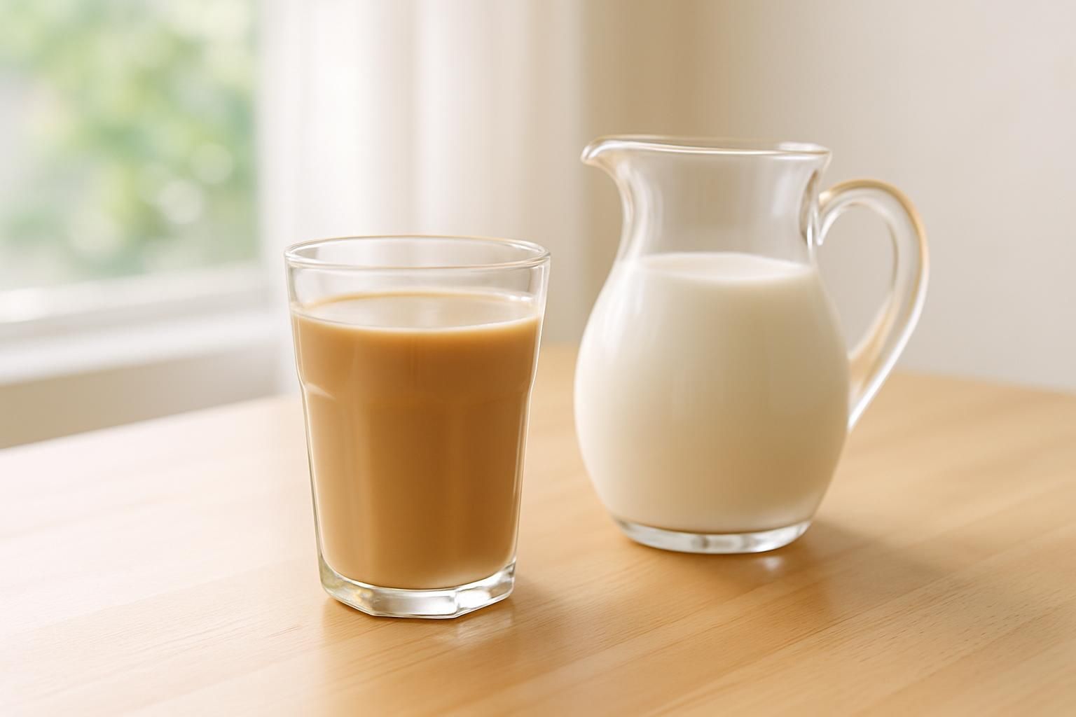 グラスに入ったミルク色のコーヒーと牛乳のピッチャー、やさしい色合い、木のテーブル、明るい自然光