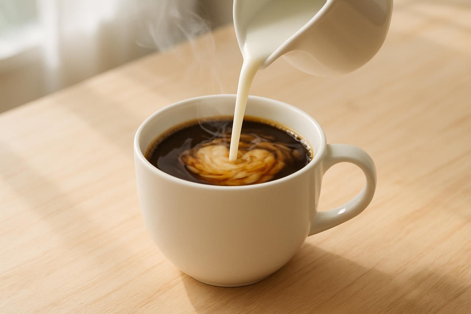 コーヒーに牛乳を注ぐ瞬間、白いミルクがコーヒーに広がる様子、湯気、木のテーブル、明るい自然光