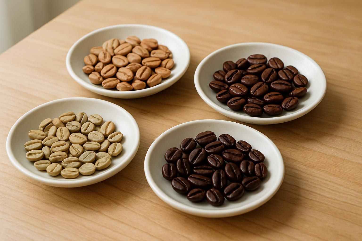 焙煎度の違うコーヒー豆を並べた小皿と焙煎前の生豆、木のテーブル、明るく落ち着いた自然光、人物や手は写さない、文字やロゴは一切なし