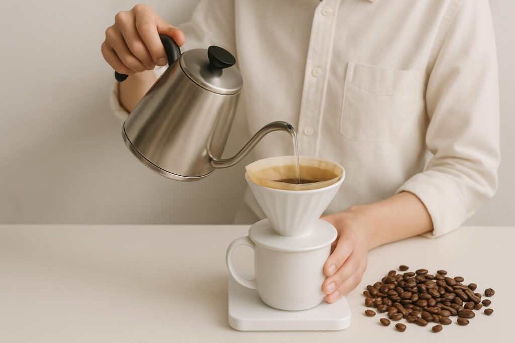 コーヒーを丁寧にハンドドリップしている手元とコーヒー豆の静物