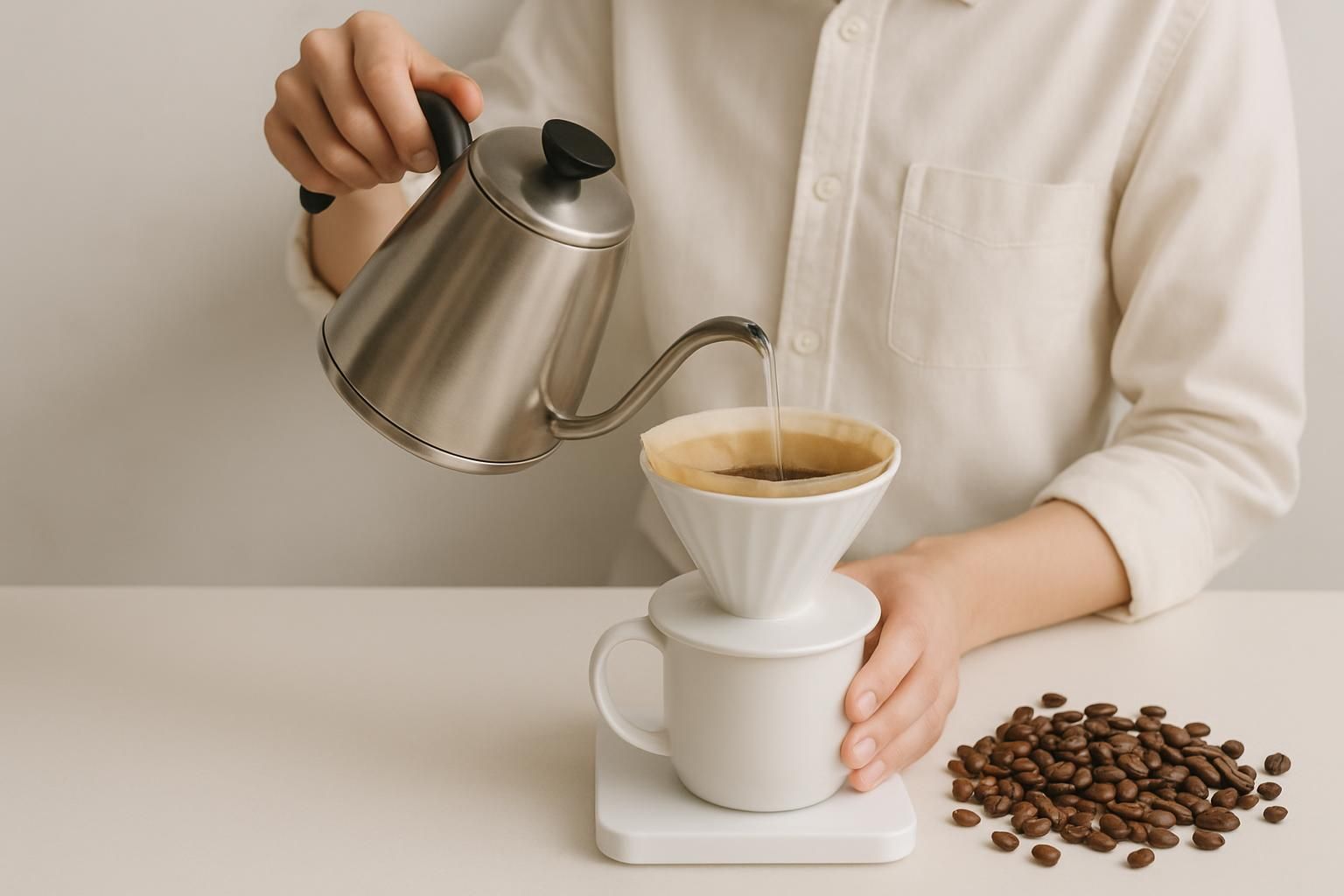 コーヒーを丁寧にハンドドリップしている手元とコーヒー豆の静物