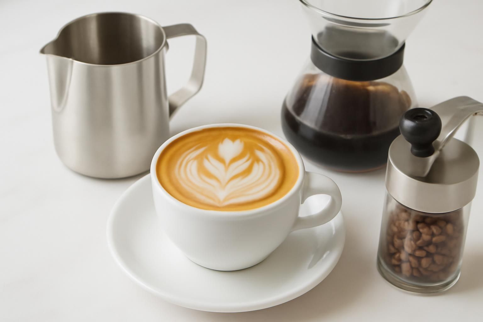 ラテアートが描かれたカプチーノとコーヒー器具を並べた静物