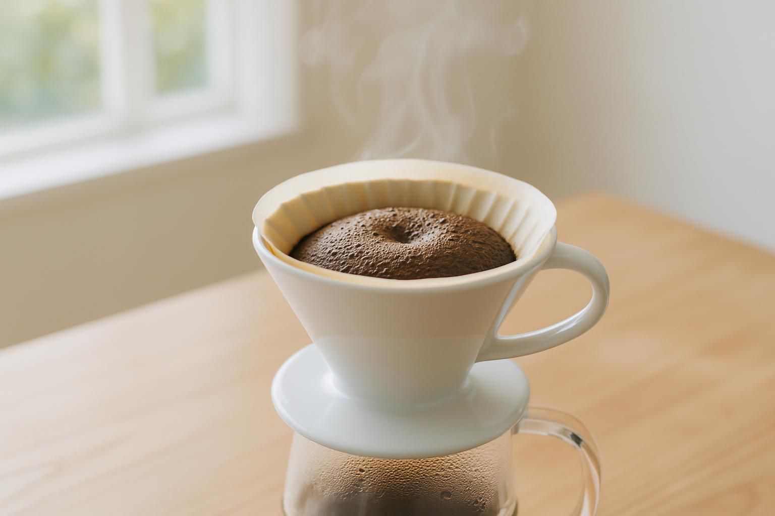 ドリッパーの中でお湯を含んでふっくら膨らんだコーヒー粉、立ちのぼる湯気、木のテーブル、明るく静かな自然光、人物や手は写さない、文字やロゴは一切なし