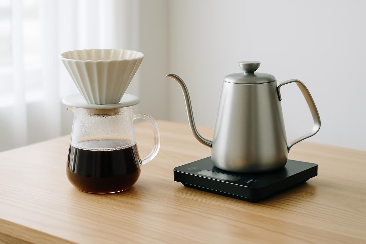 ドリッパーとサーバー、細口ケトル、はかりが並んだコーヒー抽出の道具一式、木のテーブル、明るく清潔感のある自然光、人物や手は写さない、文字やロゴは一切なし