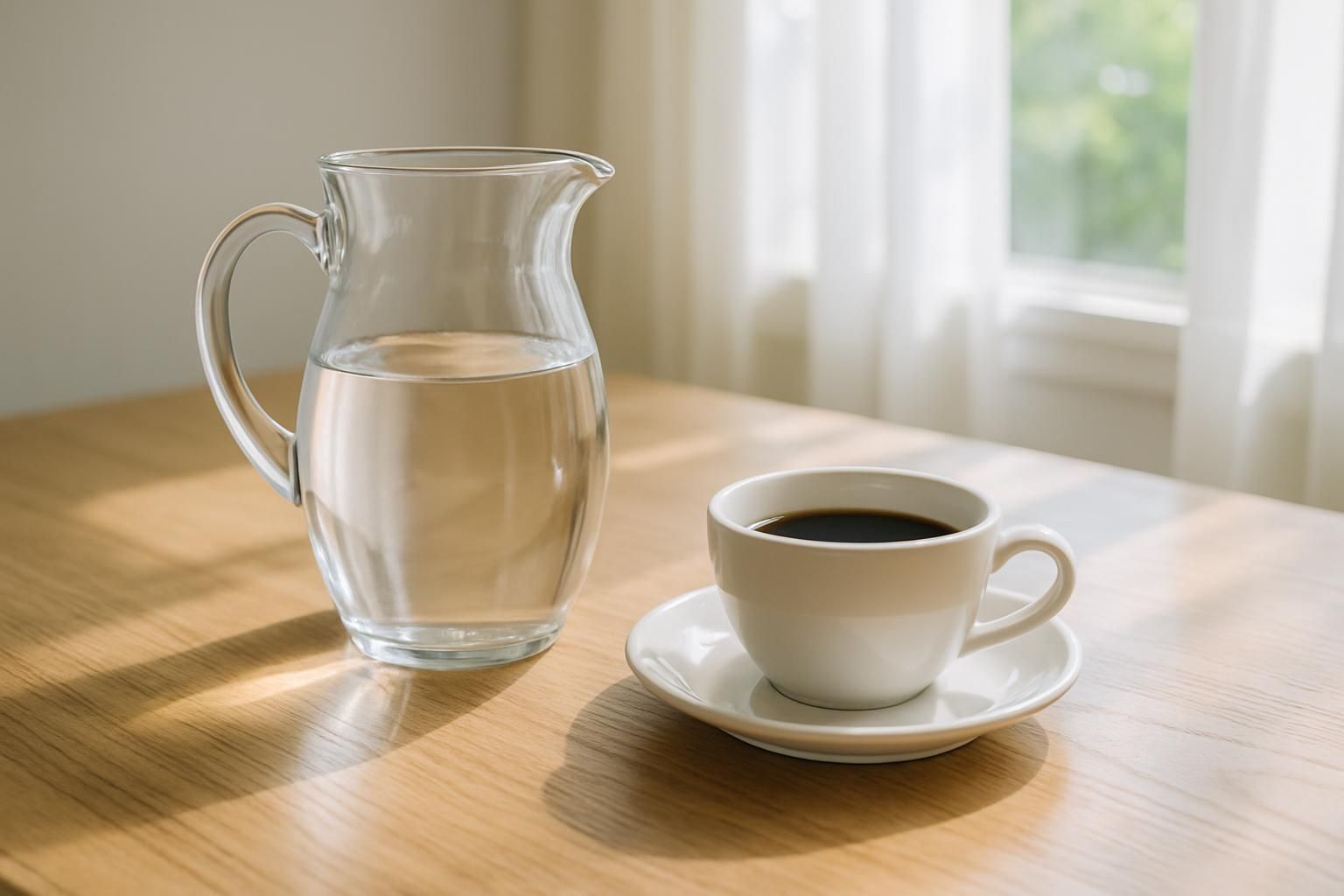 透明なガラスピッチャーに入った水とコーヒーカップ、木のテーブル、明るく澄んだ自然光、人物や手は写さない、文字やロゴは一切なし