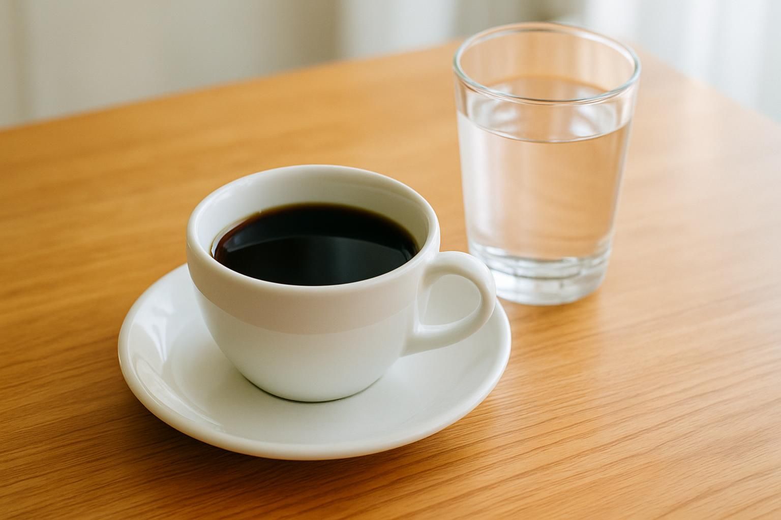 白いカップに注がれた澄んだブラックコーヒーと横に置かれたガラスのウォーターグラス、木のテーブル、明るく爽やかな自然光、人物や手は写さない、文字やロゴは一切なし
