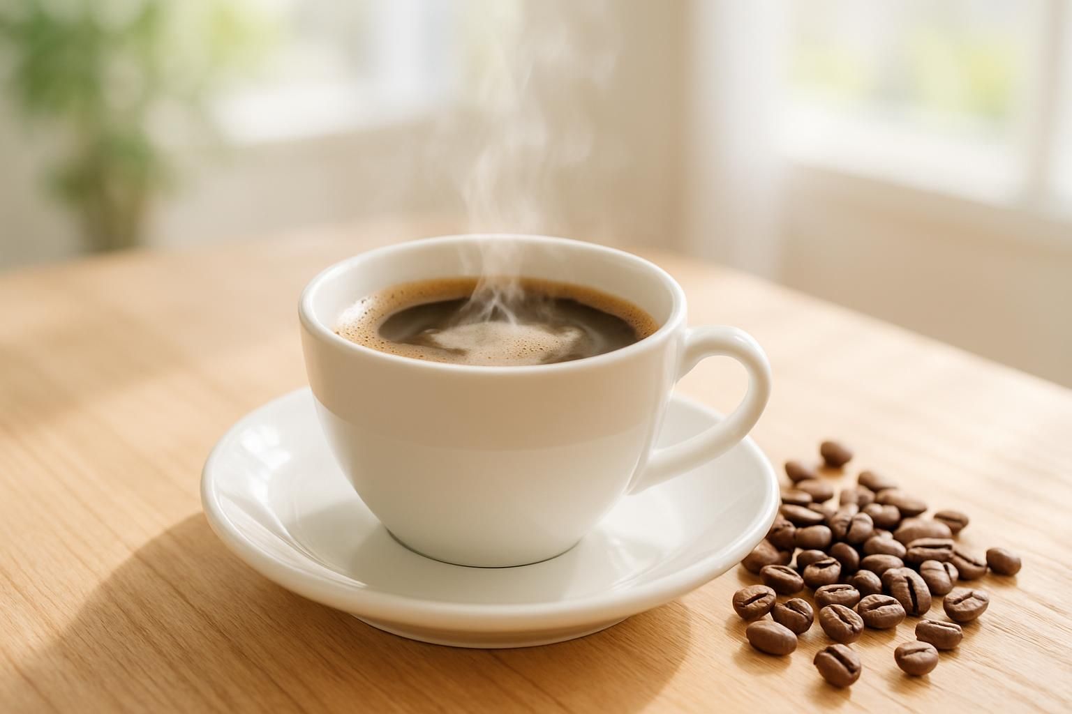 カップに注がれたコーヒー、湯気の立つまろやかな一杯、そばに焙煎豆、木のテーブル、明るい自然光