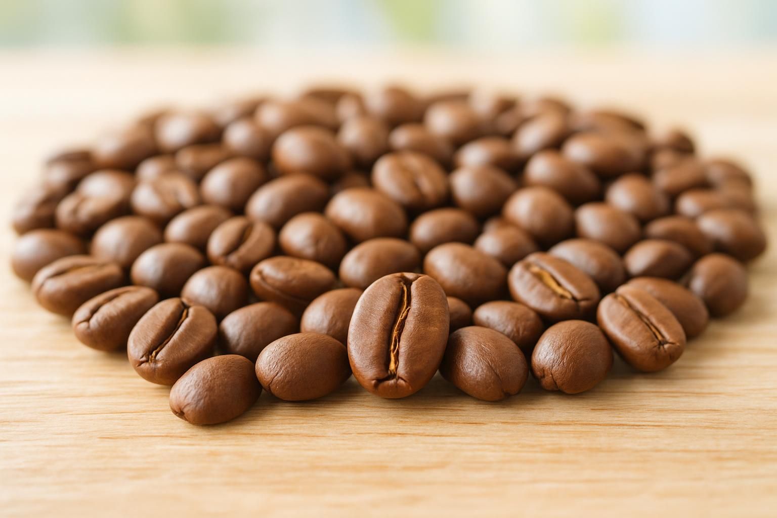 焙煎したコスタリカのコーヒー豆のアップ、粒のそろった豆、木のテーブル、明るく爽やかな自然光