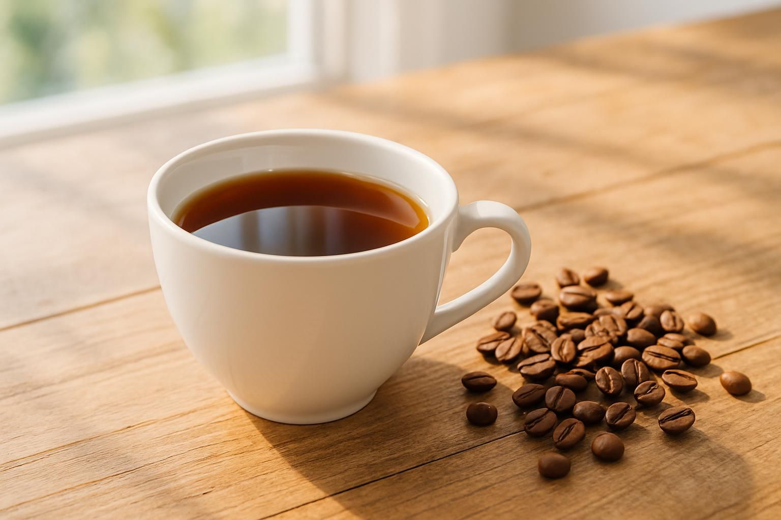 白いカップに注がれた澄んだコーヒー、そばに焙煎豆、木のテーブル、明るく爽やかな自然光