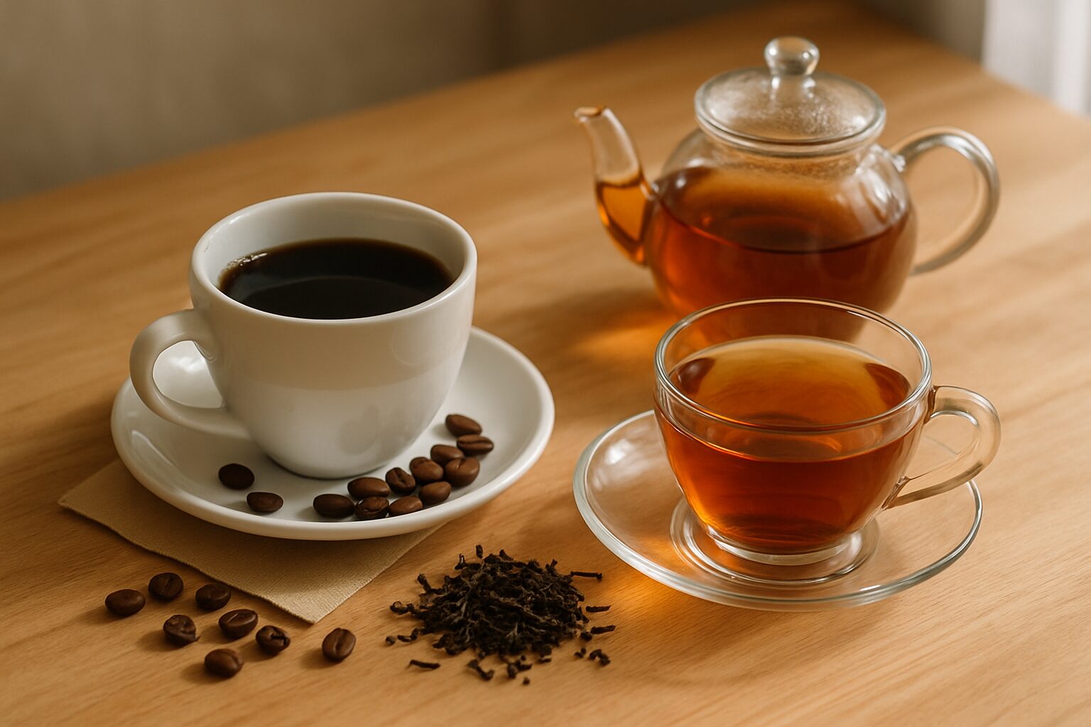 コーヒーと紅茶（ポットとカップ）、コーヒー豆と茶葉