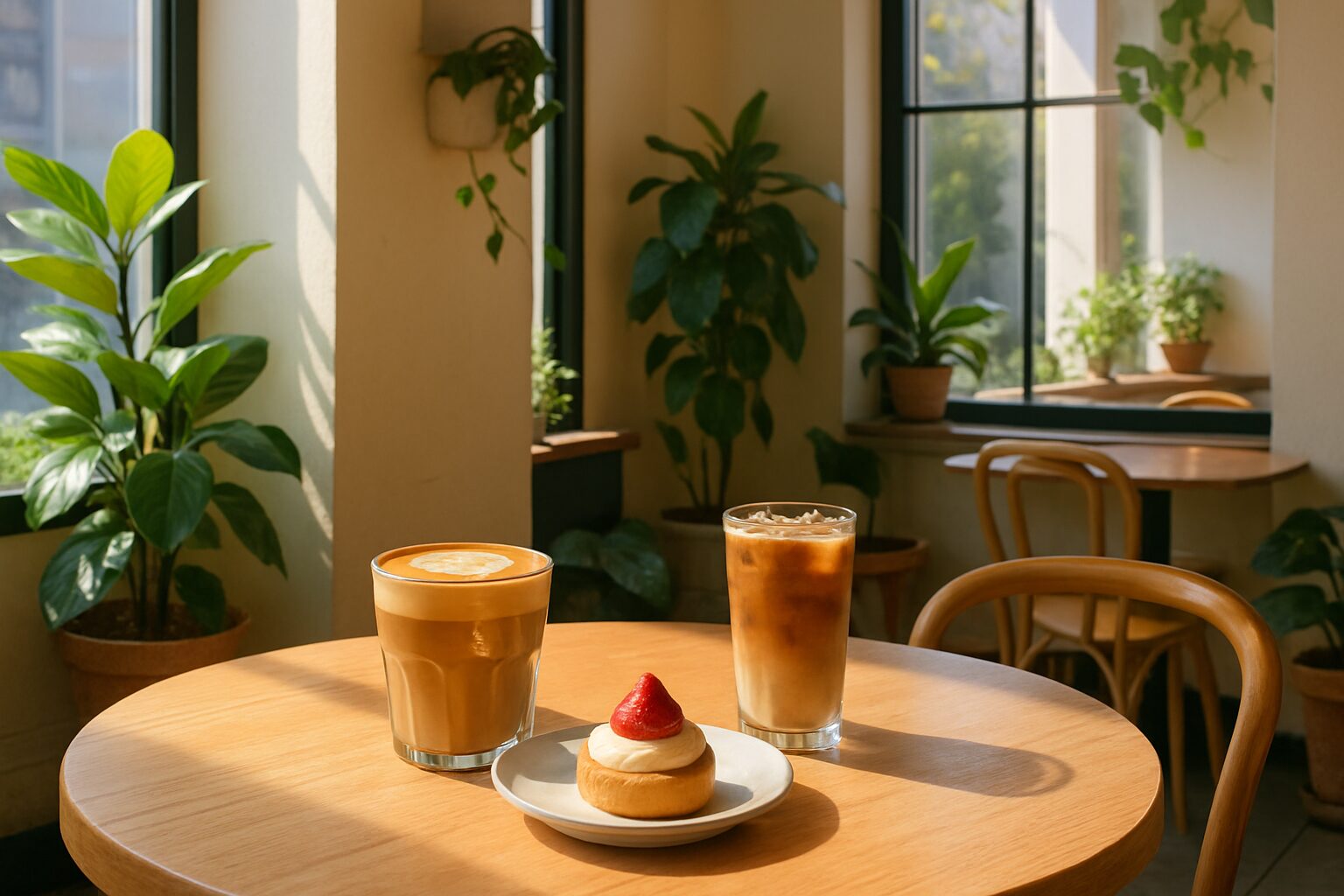 明るいカフェの窓際テーブルに置かれたラテとアイスコーヒーとデザート