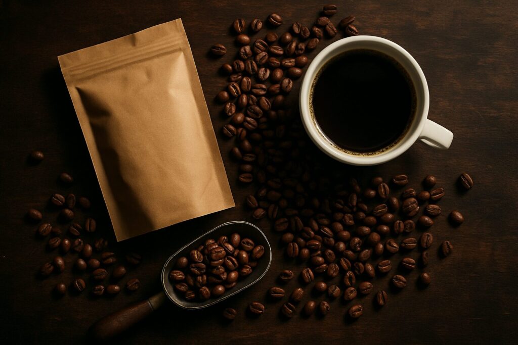 クラフト袋に入ったスペシャルティコーヒーの豆と一杯のコーヒー