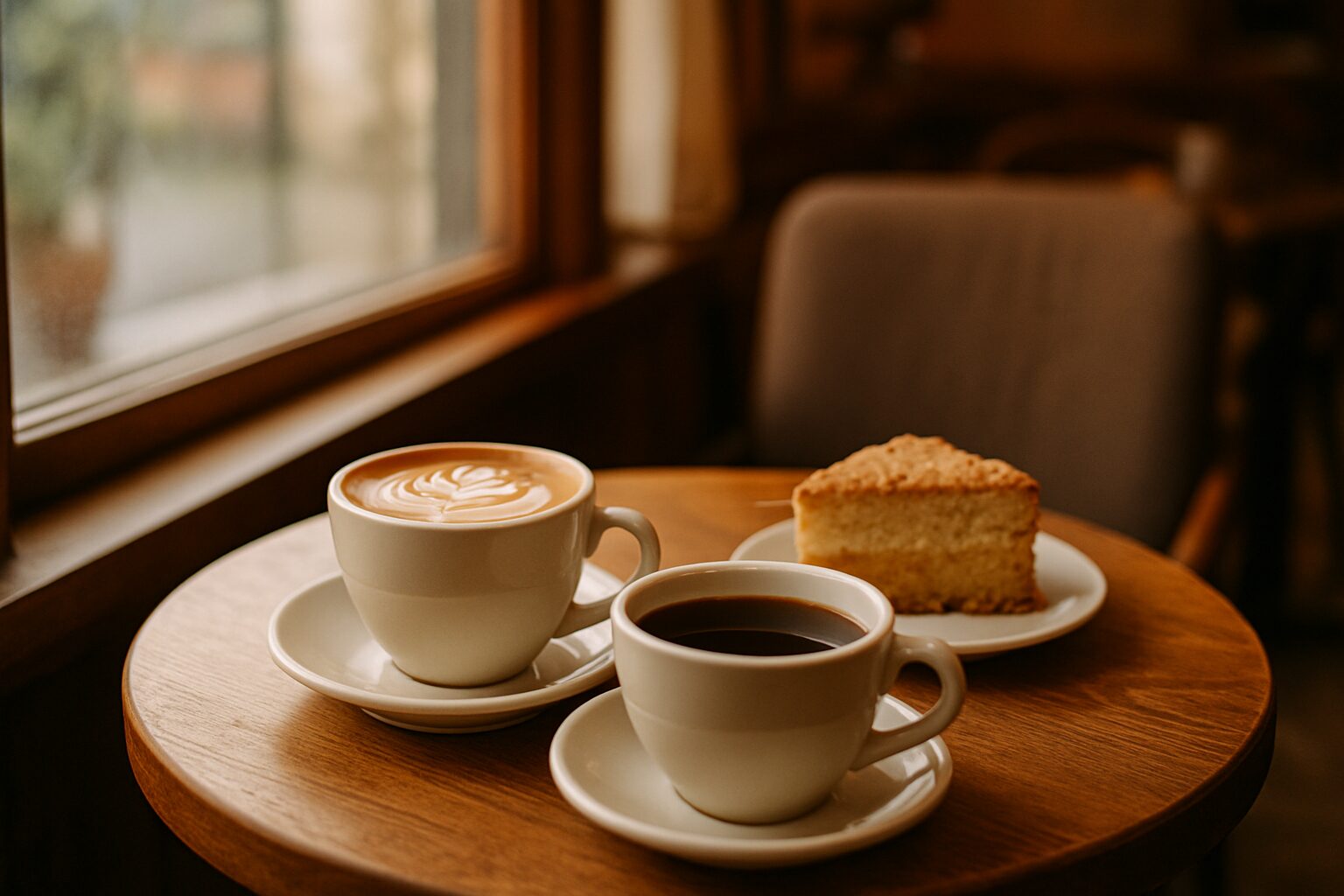 窓際のカフェのテーブルに置かれた2杯のコーヒーとケーキ