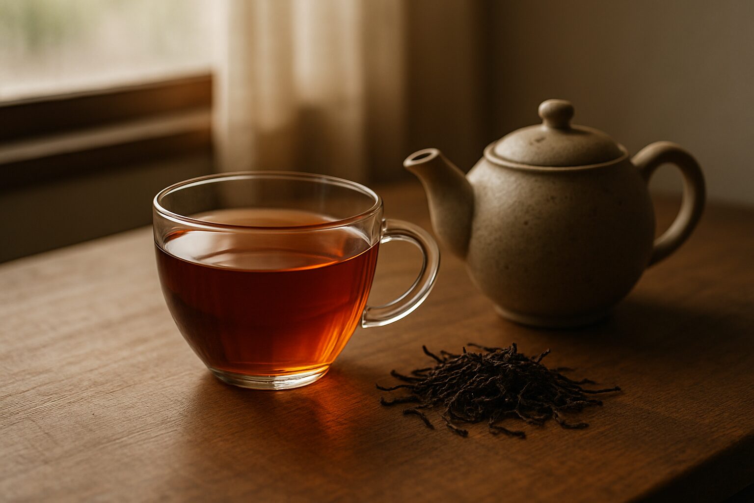 ガラスカップに注がれた和紅茶と急須、茶葉
