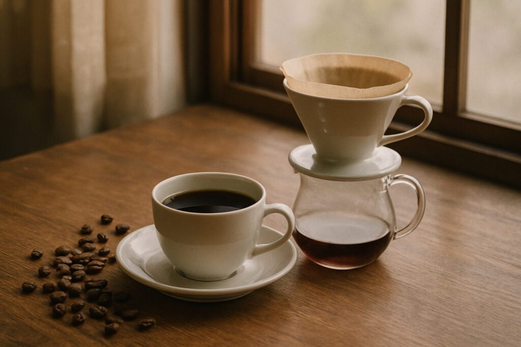 ドリップで淹れたコーヒーとドリッパー、コーヒー豆