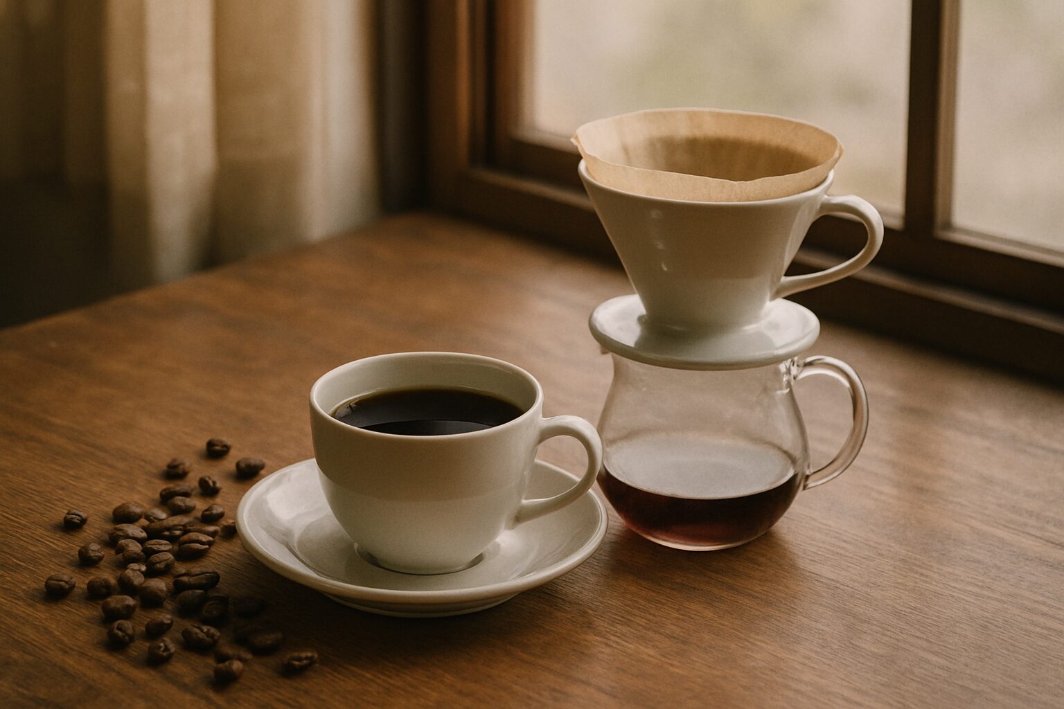 ドリップで淹れたコーヒーとドリッパー、コーヒー豆