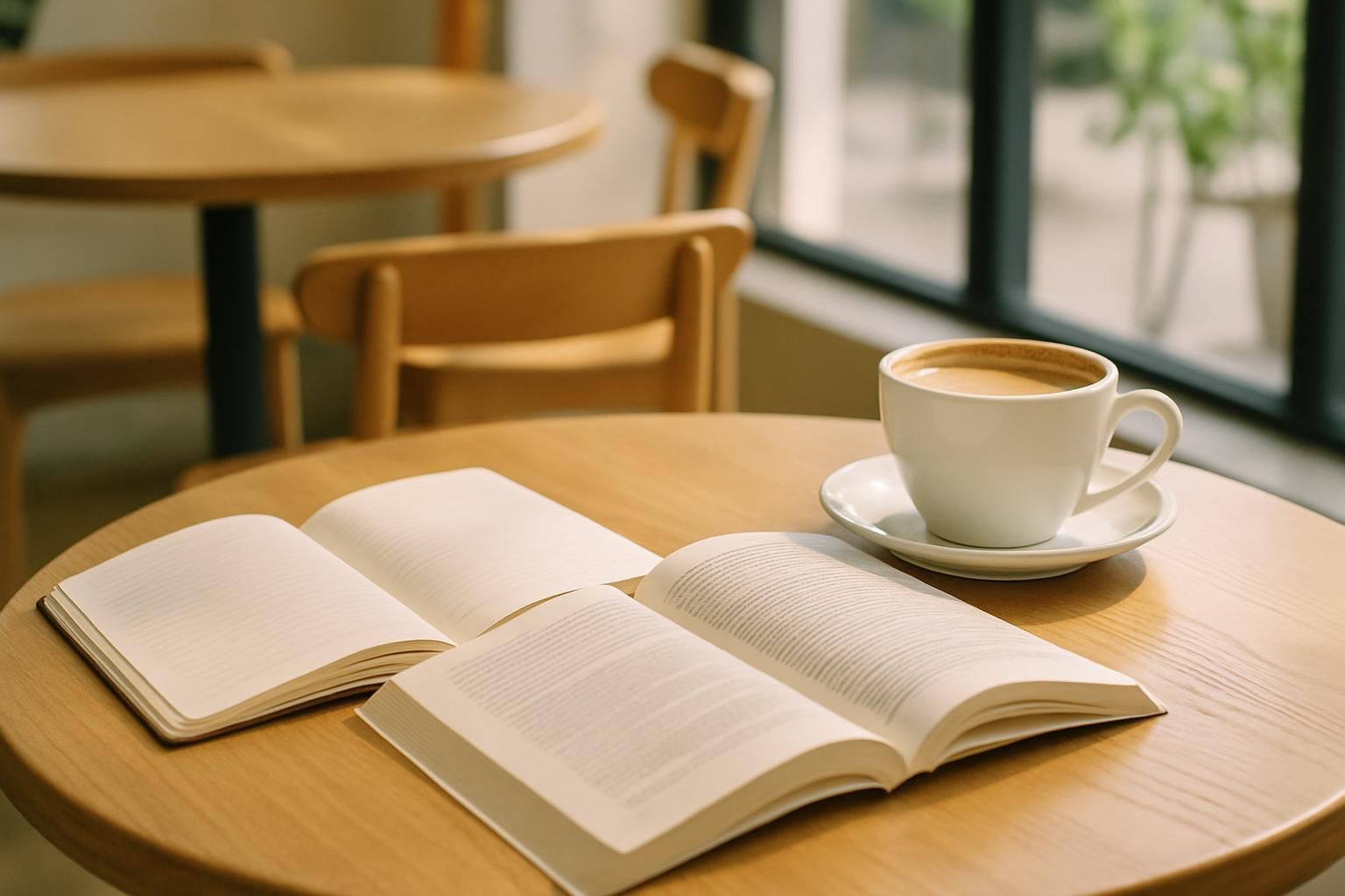 カフェのテーブルに置かれた開いたノートと参考書、コーヒーカップ、木のテーブル、明るく落ち着いた自然光、人物や手は写さない、文字やロゴは一切なし