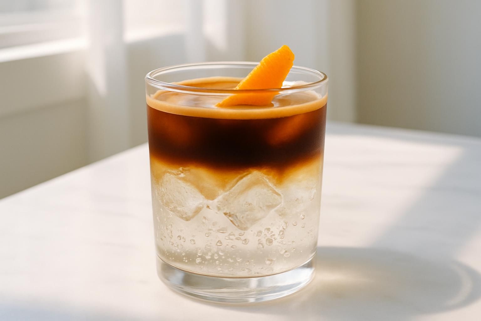 グラスの中でコーヒーと炭酸が上下二層に分かれたエスプレッソトニック、氷とオレンジピール、自然光
