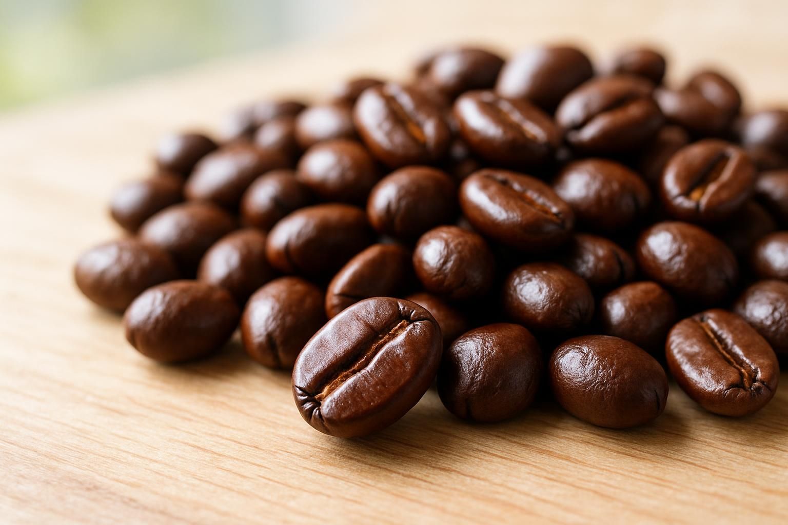 焙煎したエチオピアのコーヒー豆のアップ、艶のある豆、木のテーブル、明るい自然光