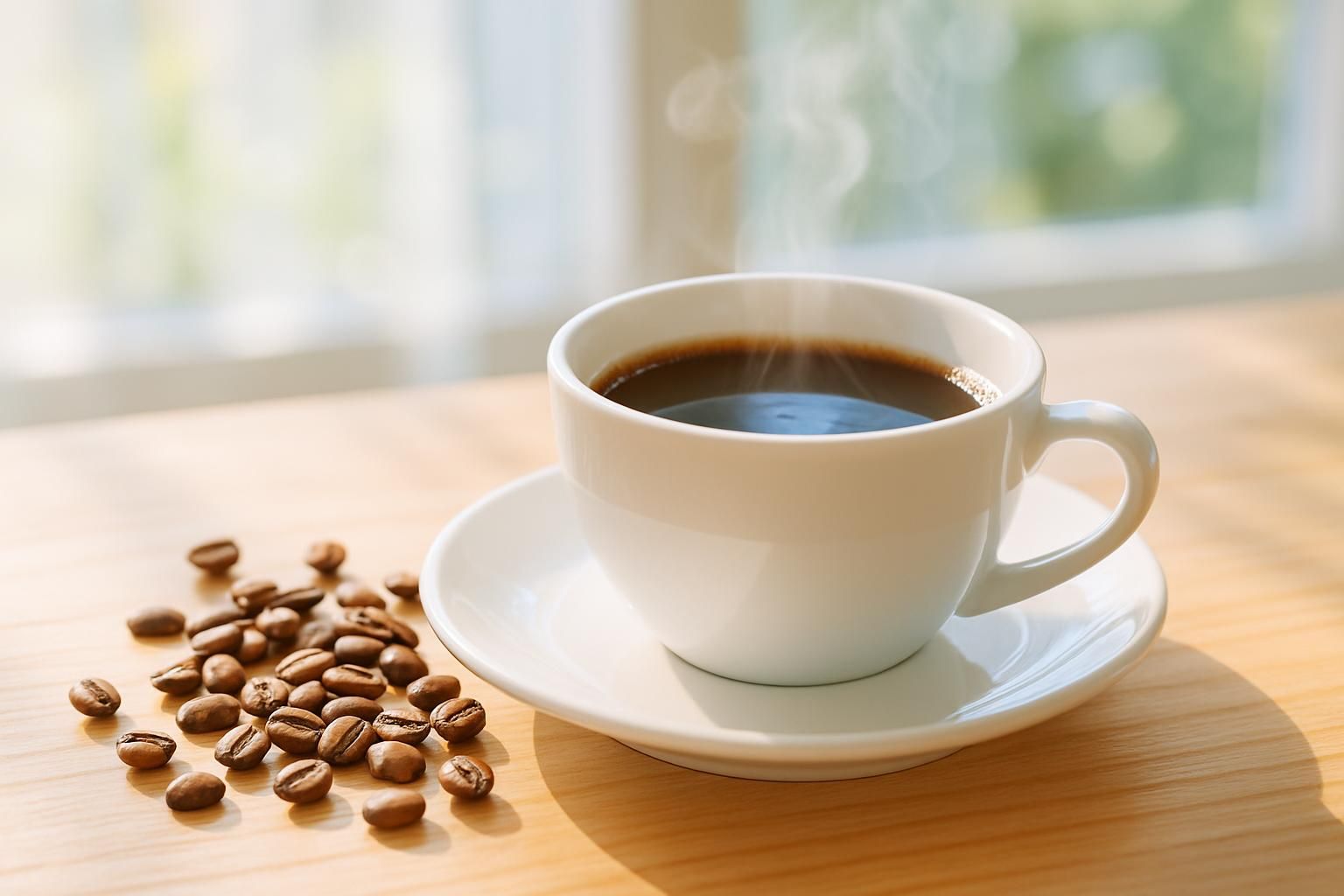 カップに注がれたコーヒー、湯気の立つ澄んだ一杯、そばに焙煎豆、木のテーブル、明るい自然光