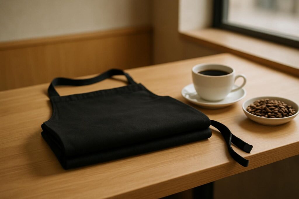 カフェのカウンターに畳まれた黒いエプロンとコーヒー、コーヒー豆
